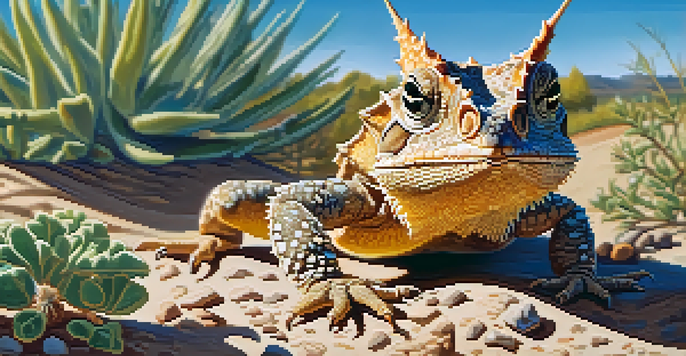 A Texas horned lizard blends into its natural environment of sandy soil and rocks, surrounded by native plants under a clear blue sky.