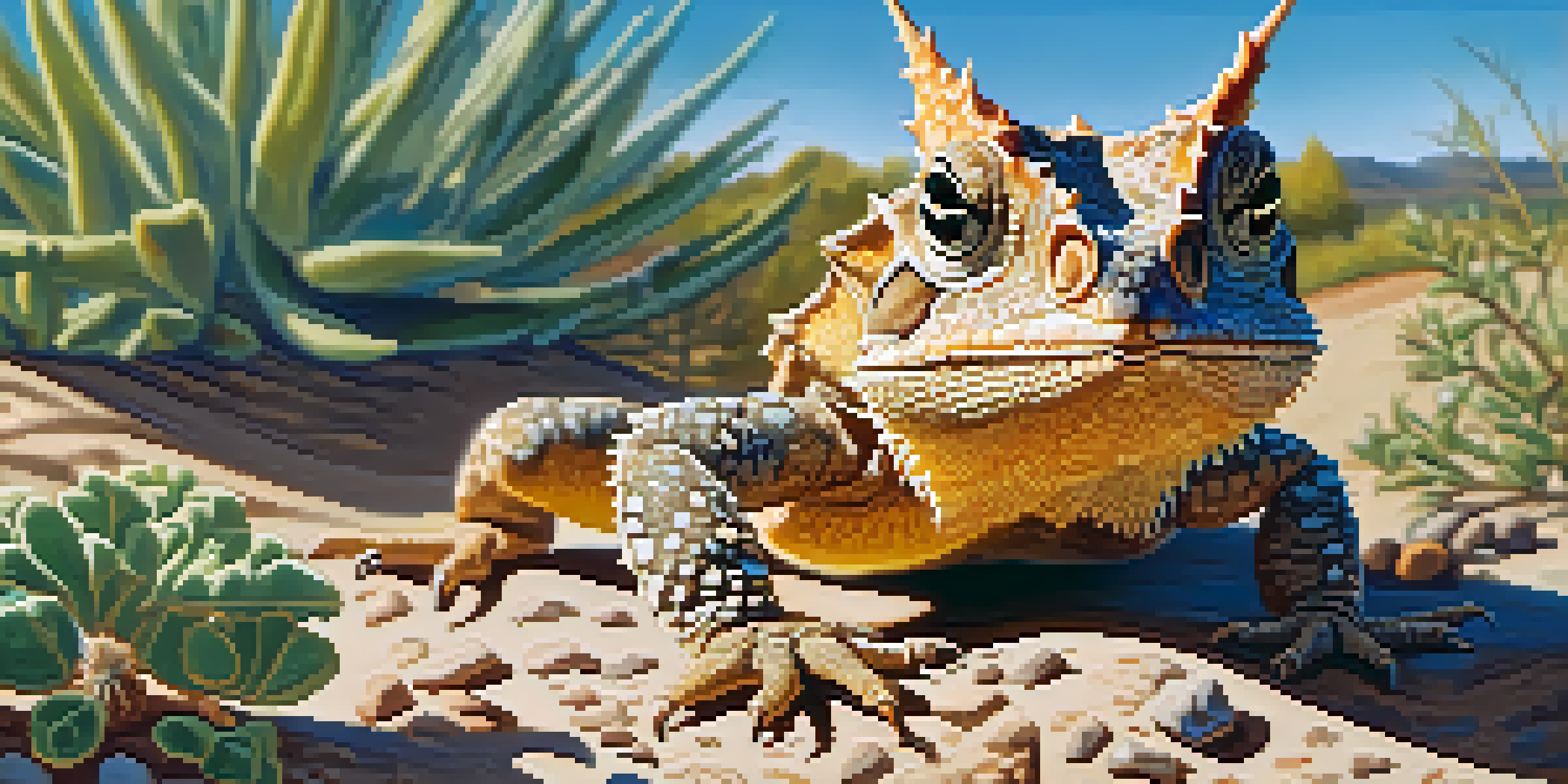 A Texas horned lizard blends into its natural environment of sandy soil and rocks, surrounded by native plants under a clear blue sky.