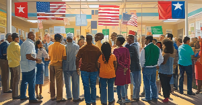 A diverse group of Texas voters at a polling station, showcasing individuals of different ethnicities and ages, standing in line with enthusiasm.