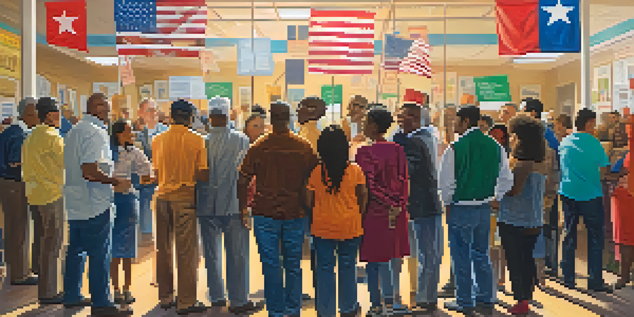 A diverse group of Texas voters at a polling station, showcasing individuals of different ethnicities and ages, standing in line with enthusiasm.