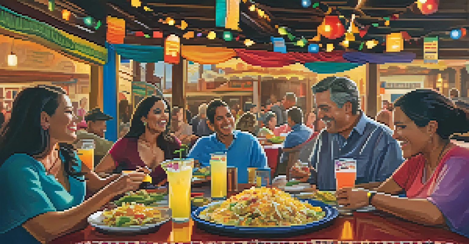 A lively Tex-Mex restaurant filled with diners enjoying nachos and margaritas, with festive decorations and a warm atmosphere.
