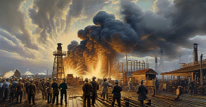 An historical scene of the Spindletop oil gusher in Texas, with workers in early 1900s clothing and vintage machinery, under a dramatic sky.