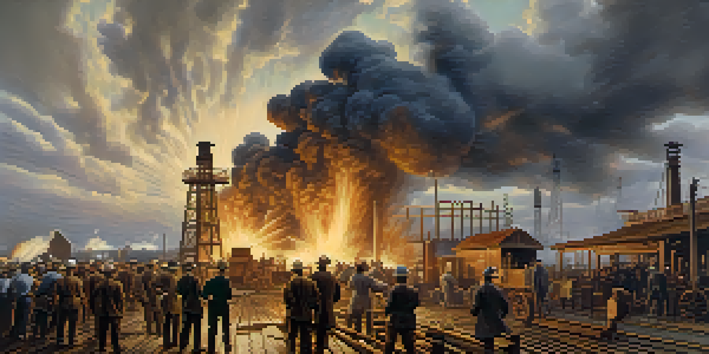An historical scene of the Spindletop oil gusher in Texas, with workers in early 1900s clothing and vintage machinery, under a dramatic sky.