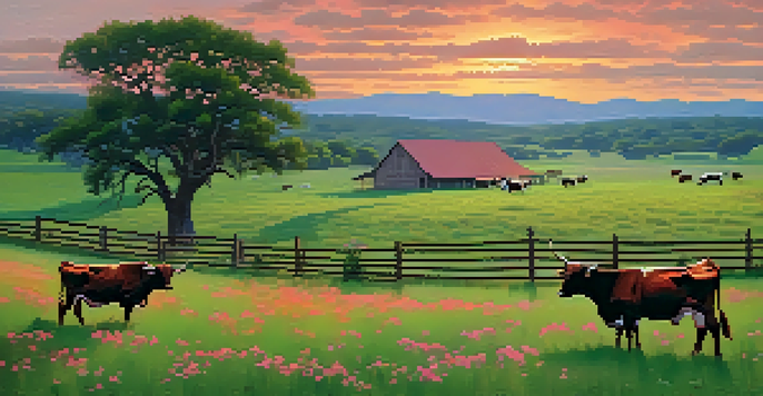 A scenic view of a Texas cattle ranch at sunset with grazing longhorn cattle, rolling hills, and a red barn.