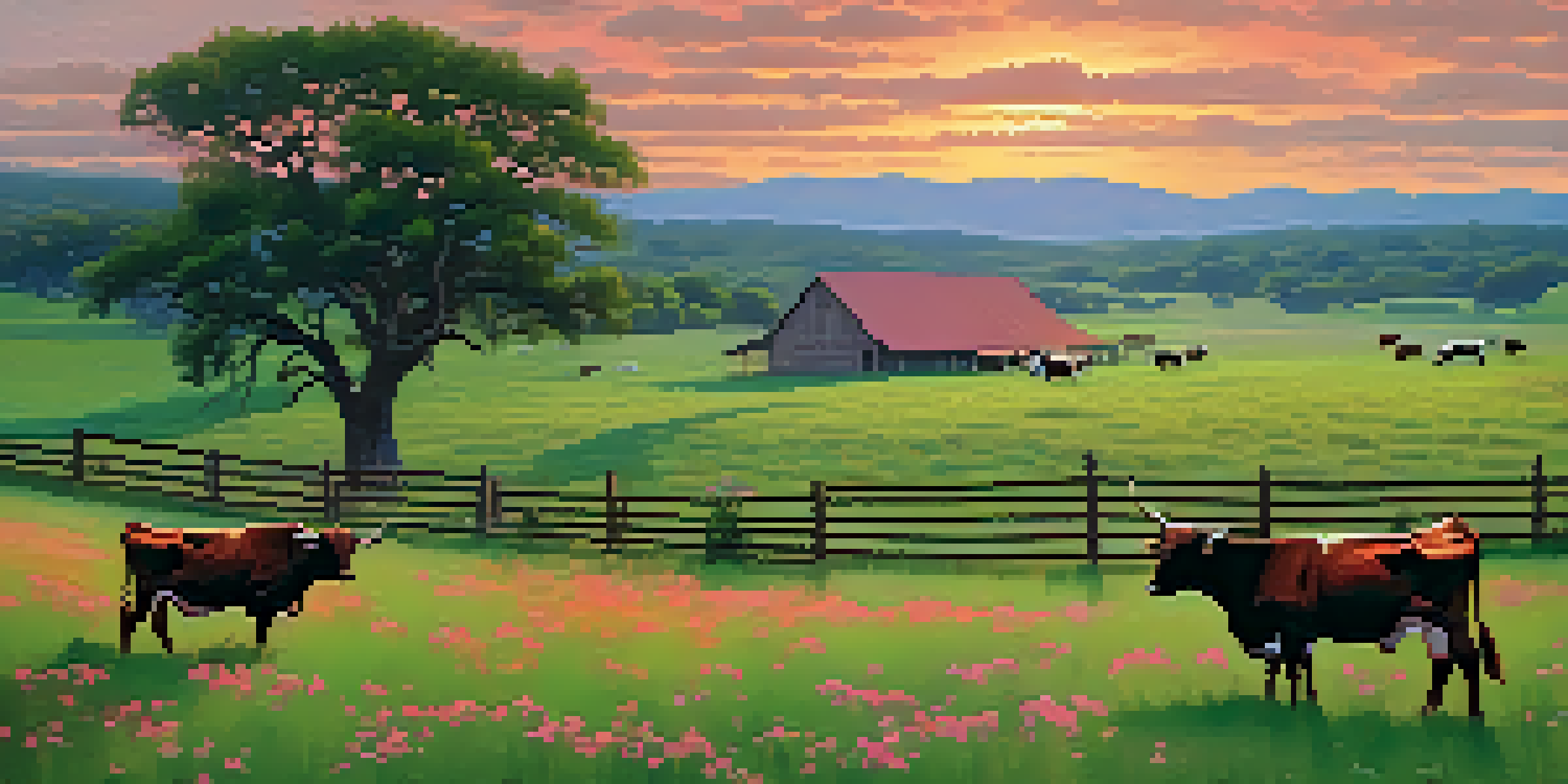 A scenic view of a Texas cattle ranch at sunset with grazing longhorn cattle, rolling hills, and a red barn.