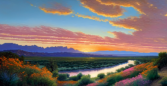 A sunset view of the Rio Grande river flowing through green valleys, with wildflowers in the foreground and mountains in the background.