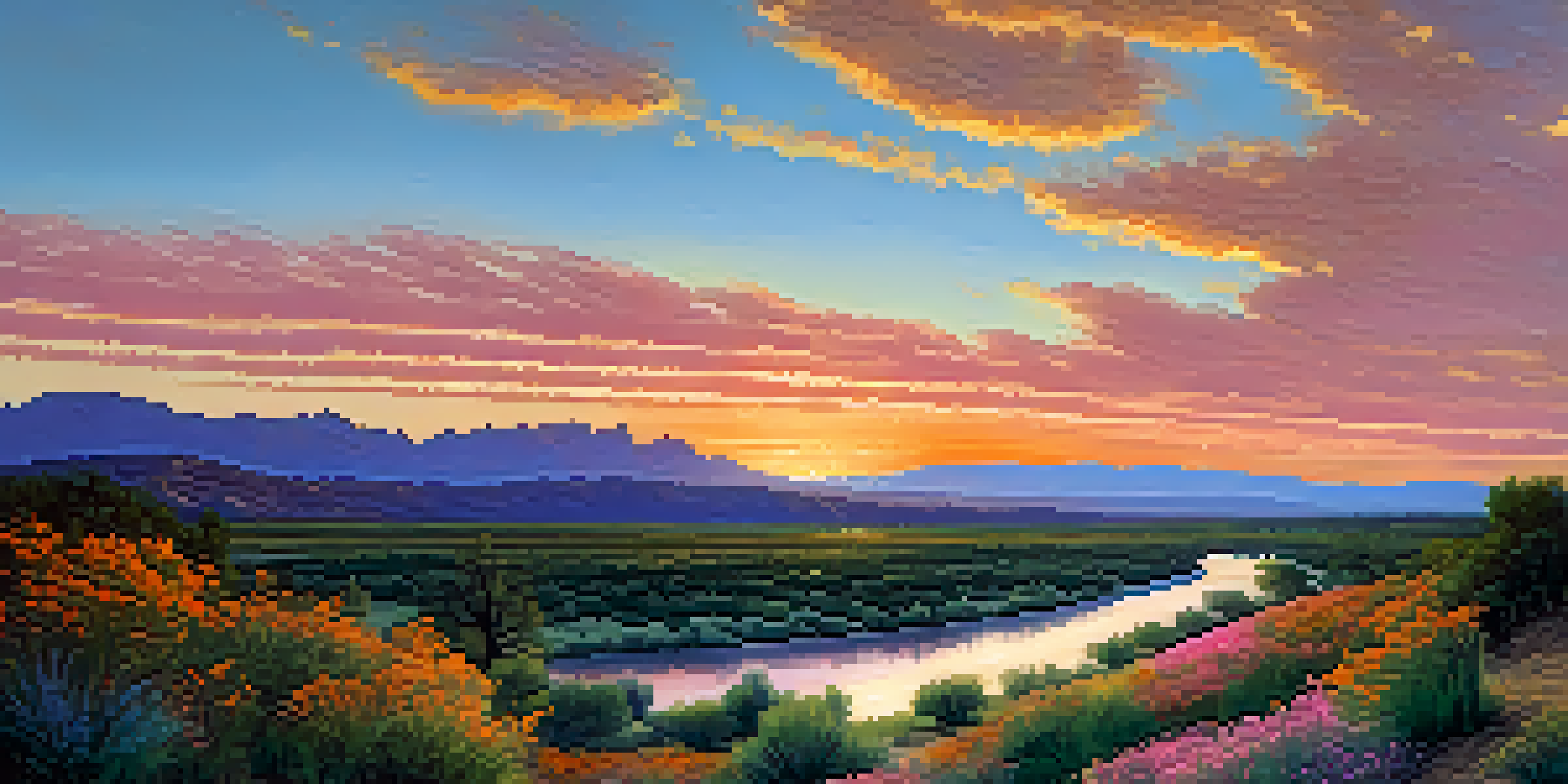 A sunset view of the Rio Grande river flowing through green valleys, with wildflowers in the foreground and mountains in the background.