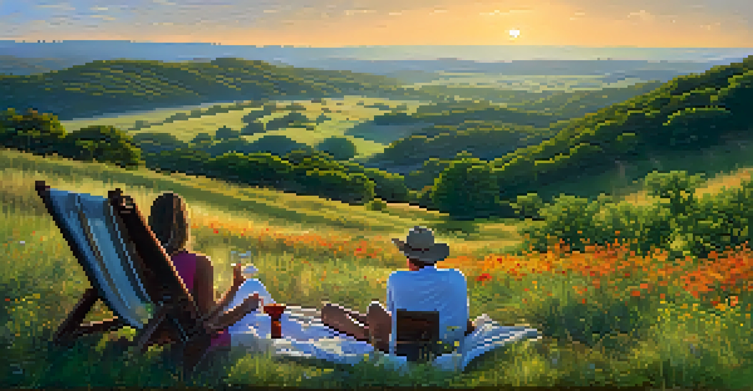 Rolling hills of Texas Hill Country filled with wildflowers, with a couple enjoying wine in the foreground during sunset.