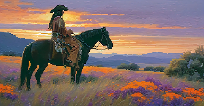 A Comanche warrior on horseback silhouetted against a vibrant sunset over the Texas plains, with wildflowers in the foreground and distant hills in soft golden light.