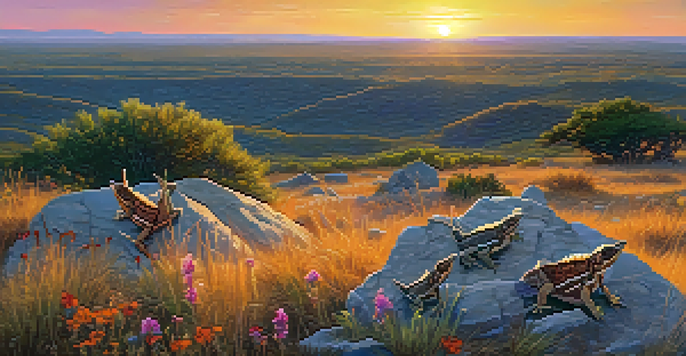 A beautiful Texas prairie at sunset with wildflowers and Texas Horned Lizards basking on rocks.