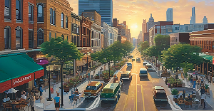 A sunset view of a Texas city skyline featuring modern skyscrapers and historic buildings, with people dining outdoors in a lively street scene.