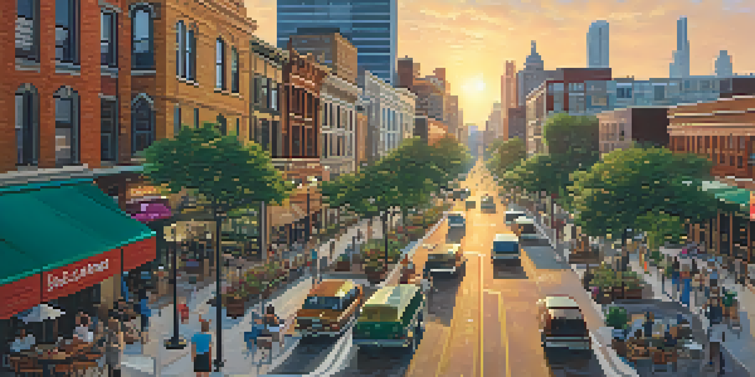 A sunset view of a Texas city skyline featuring modern skyscrapers and historic buildings, with people dining outdoors in a lively street scene.