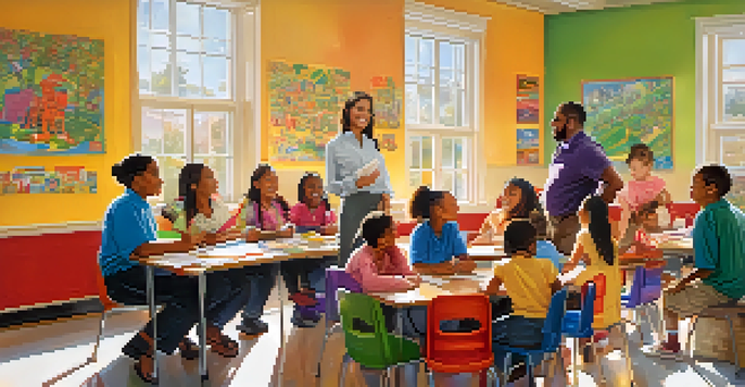 A diverse group of parents and teachers engaged in discussion in a bright classroom filled with children's artwork.