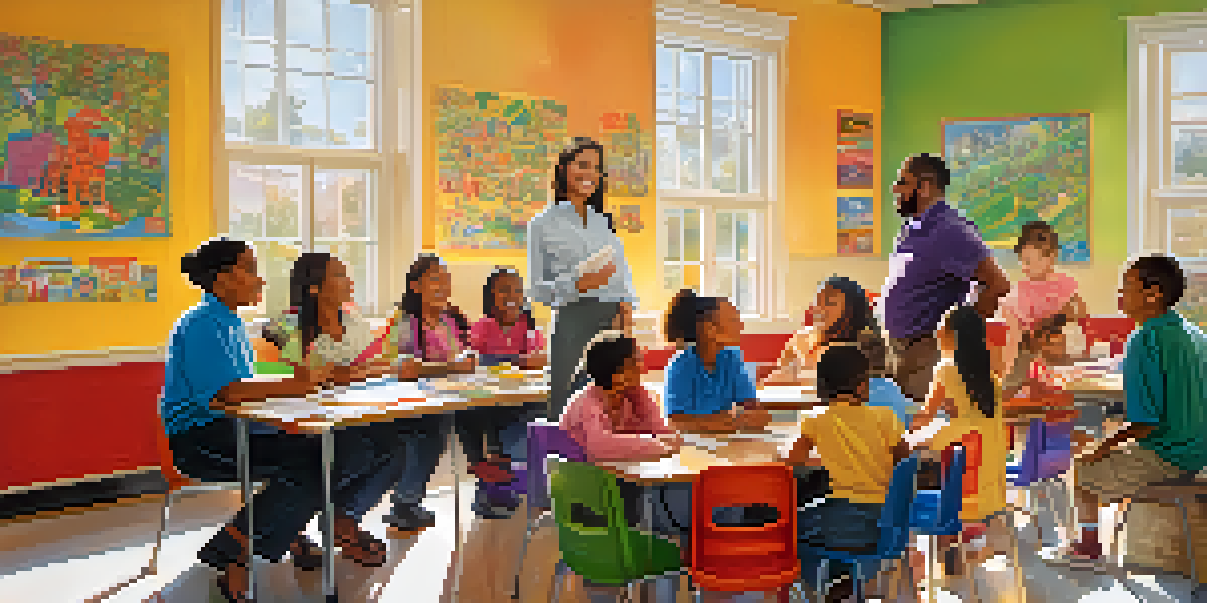 A diverse group of parents and teachers engaged in discussion in a bright classroom filled with children's artwork.