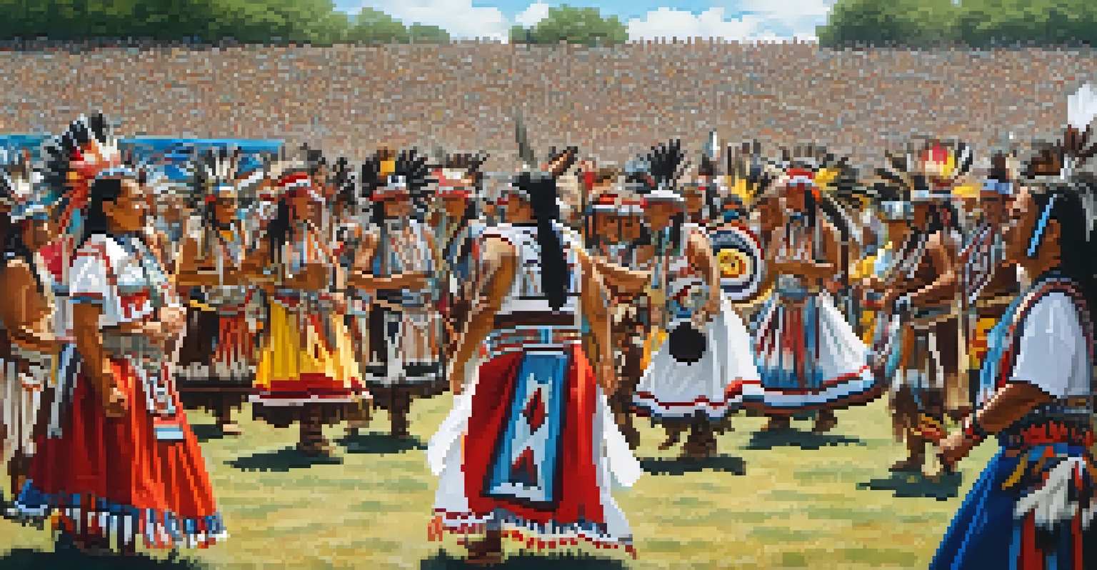 Native American dancers in traditional attire performing at a powwow in Texas, with a crowd of spectators.