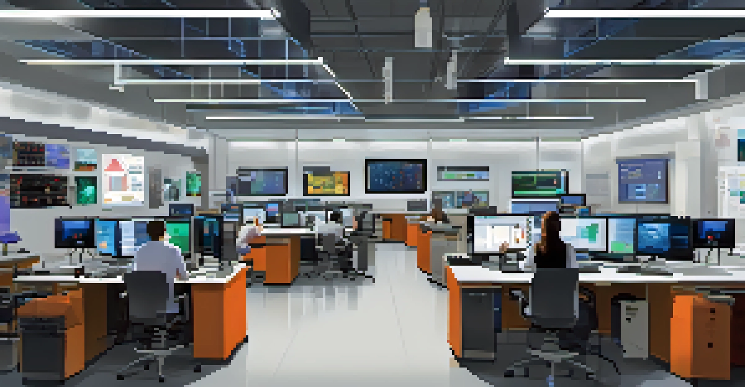 A modern research lab at a Texas university where students and faculty collaborate on technology projects, surrounded by high-tech equipment.