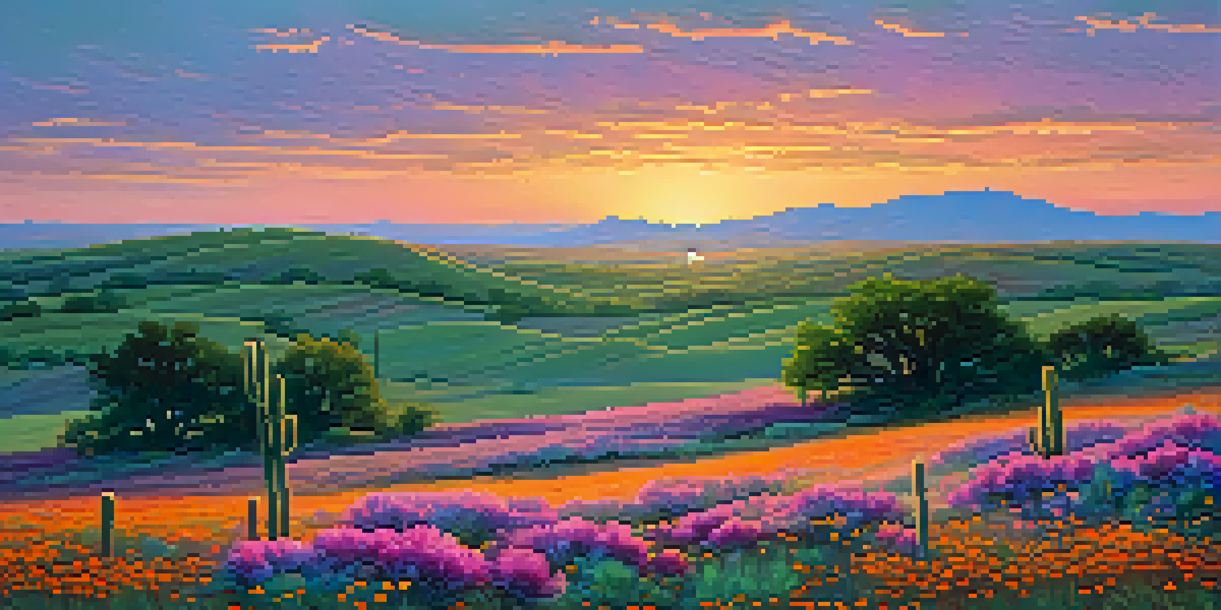 A colorful Texas sunset over rolling hills with wildflowers and a cactus in the foreground.