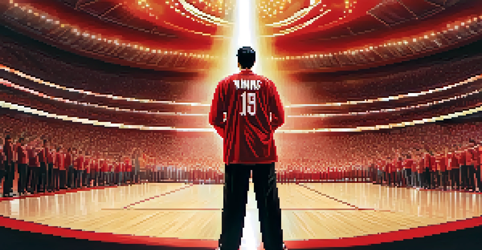Yao Ming standing on a basketball court, highlighted by a spotlight, with fans in the background.