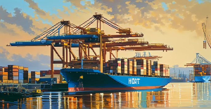 A busy port scene with cargo ships, cranes, and workers during sunrise.