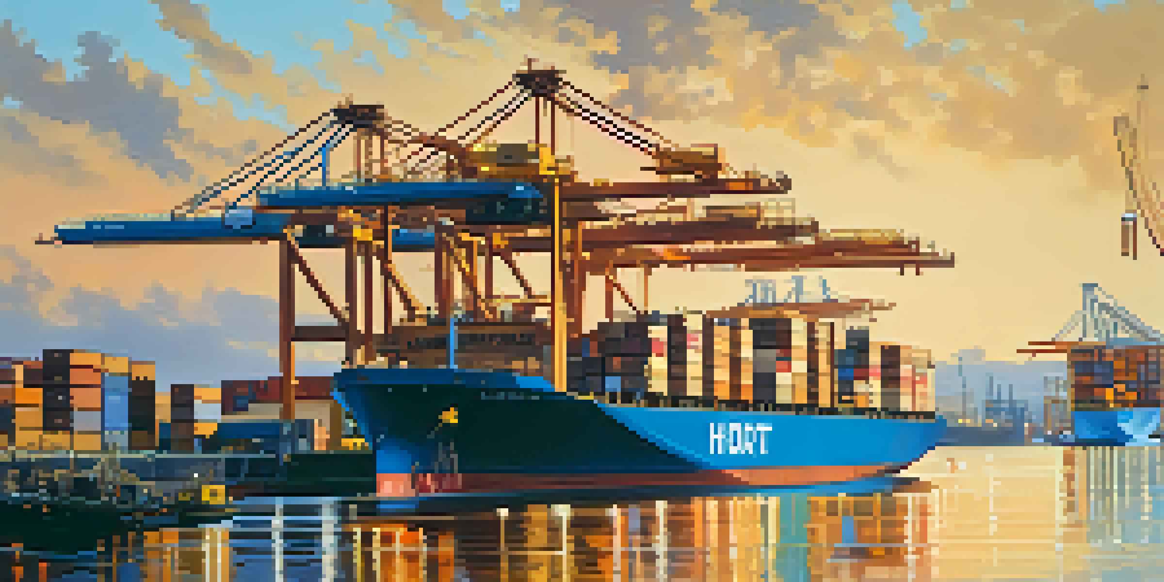 A busy port scene with cargo ships, cranes, and workers during sunrise.