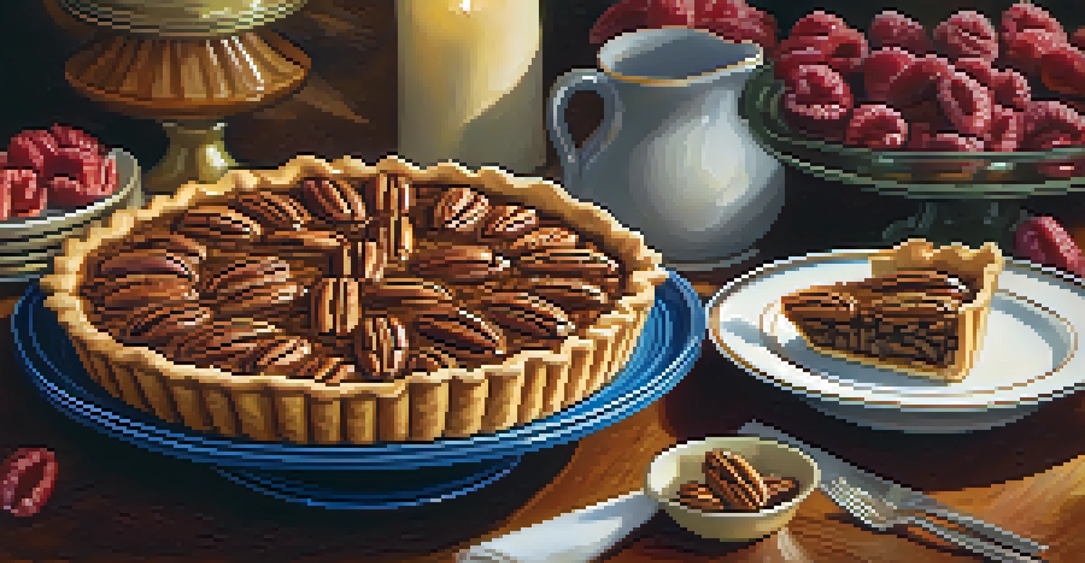 A dessert table with slices of pecan pie and whole pecans, showcasing a warm and inviting presentation.
