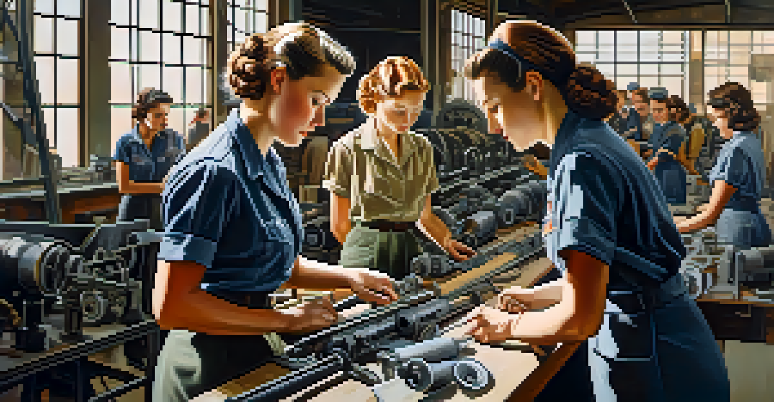 Women working in a factory in Texas during World War II, assembling aircraft parts with sunlight filtering through windows.