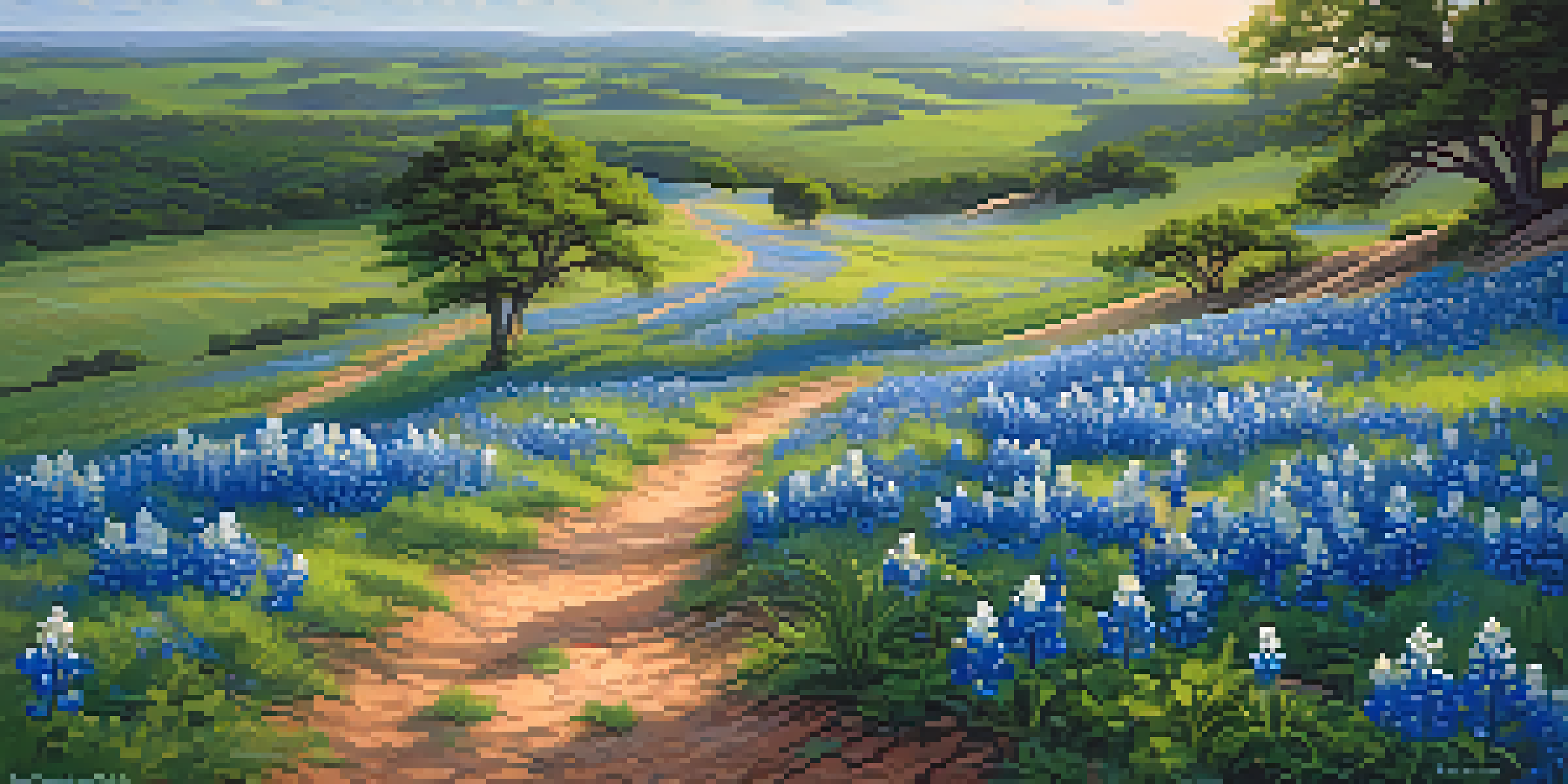 A field filled with blooming bluebonnets under a clear blue sky, with rolling hills and a dirt path.