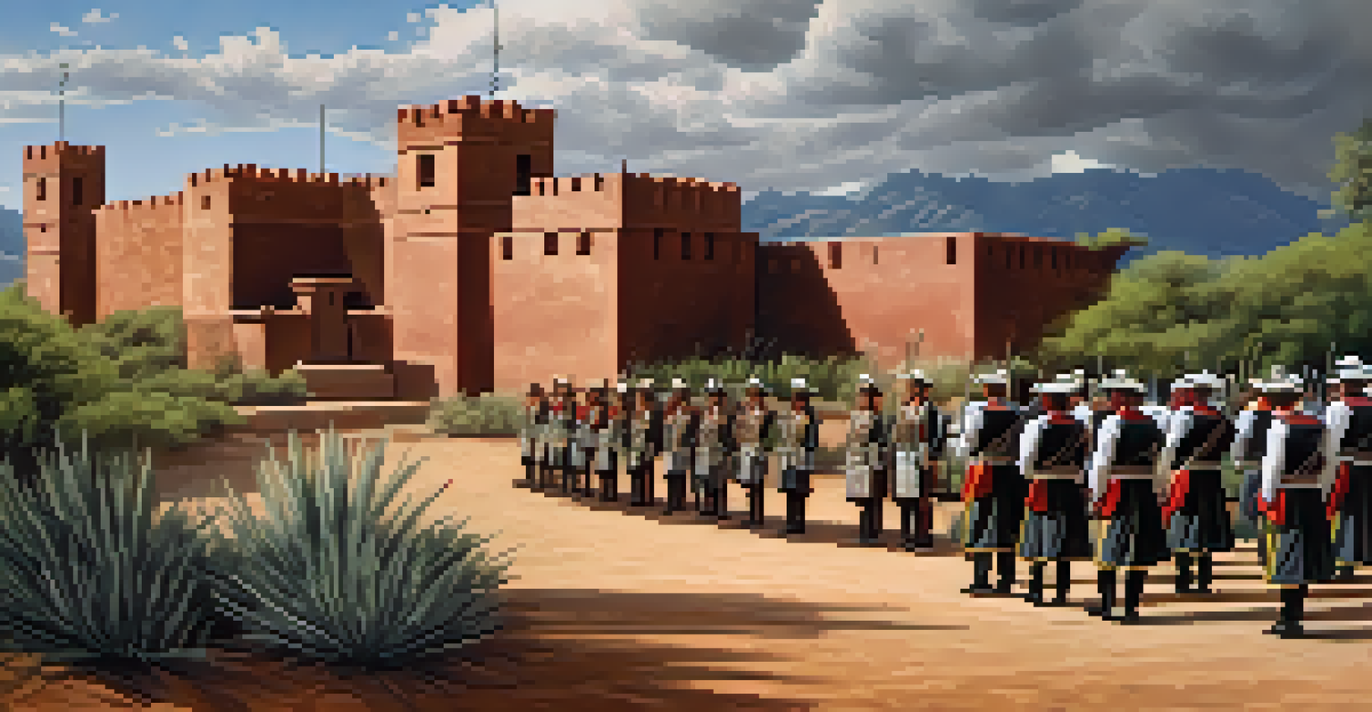 A Spanish presidio fort with soldiers standing guard, surrounded by a wooden palisade and dramatic skies.