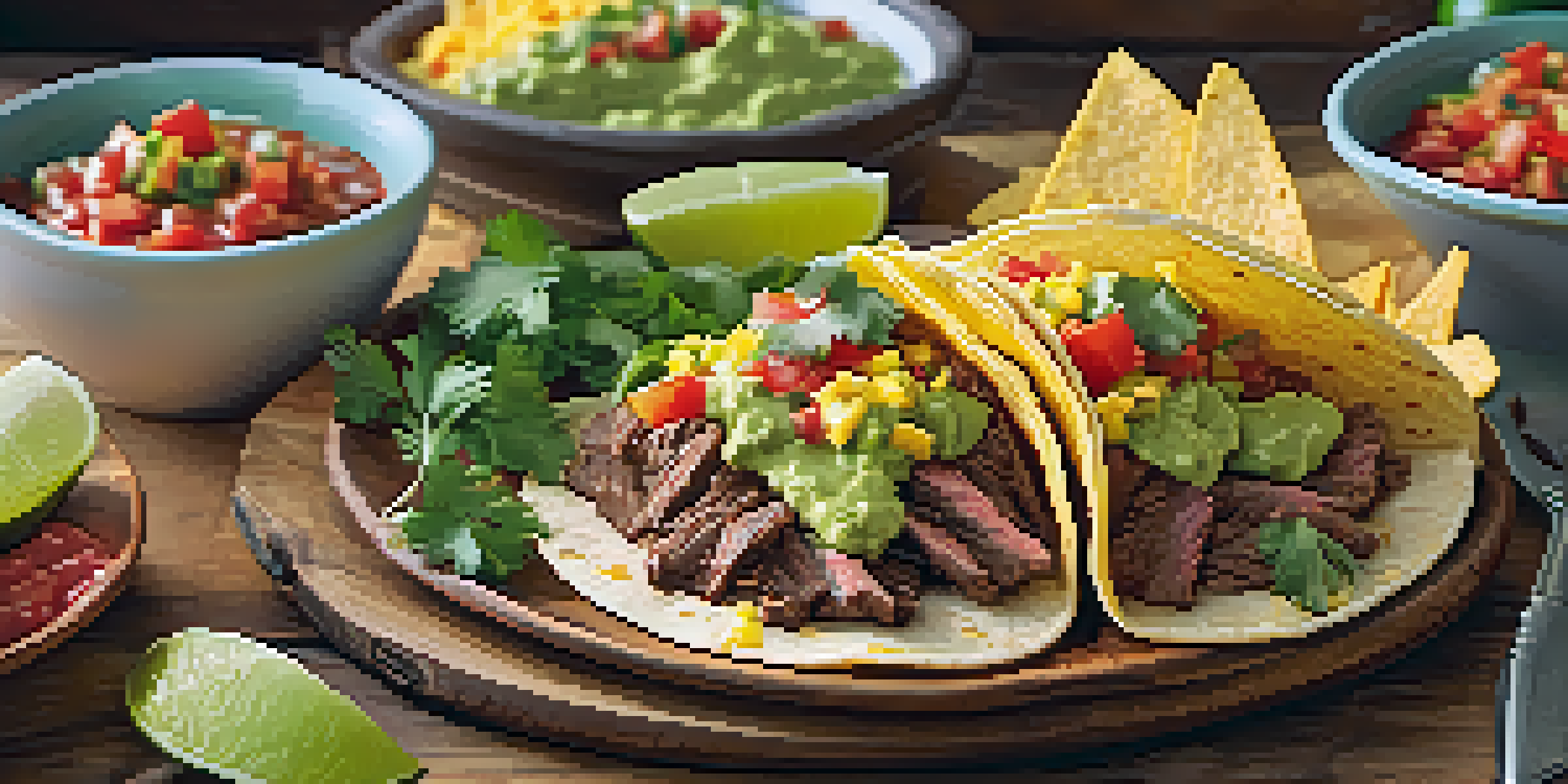 A colorful spread of Tex-Mex food includes tacos with beef, vegetables, guacamole, and salsa, alongside a bowl of queso dip and tortilla chips, set on a rustic wooden table.