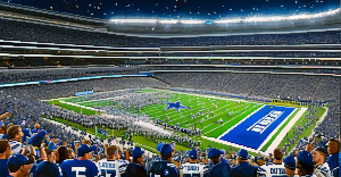 A vibrant football game scene featuring Dallas Cowboys fans in a packed stadium, celebrating a touchdown with bright lights and confetti.