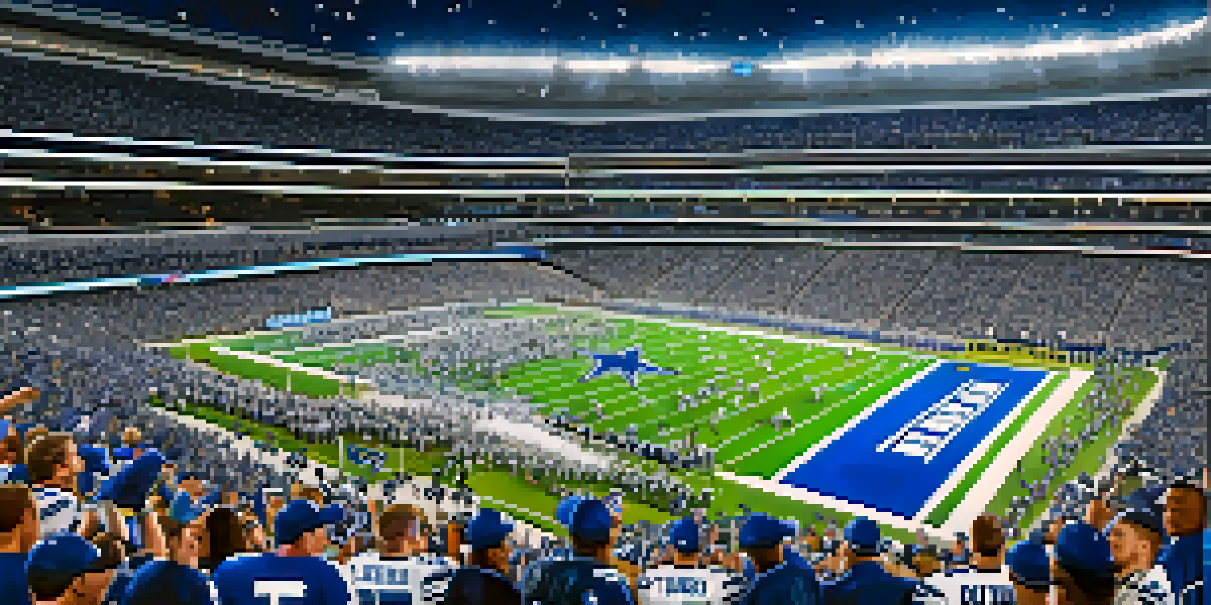 A vibrant football game scene featuring Dallas Cowboys fans in a packed stadium, celebrating a touchdown with bright lights and confetti.