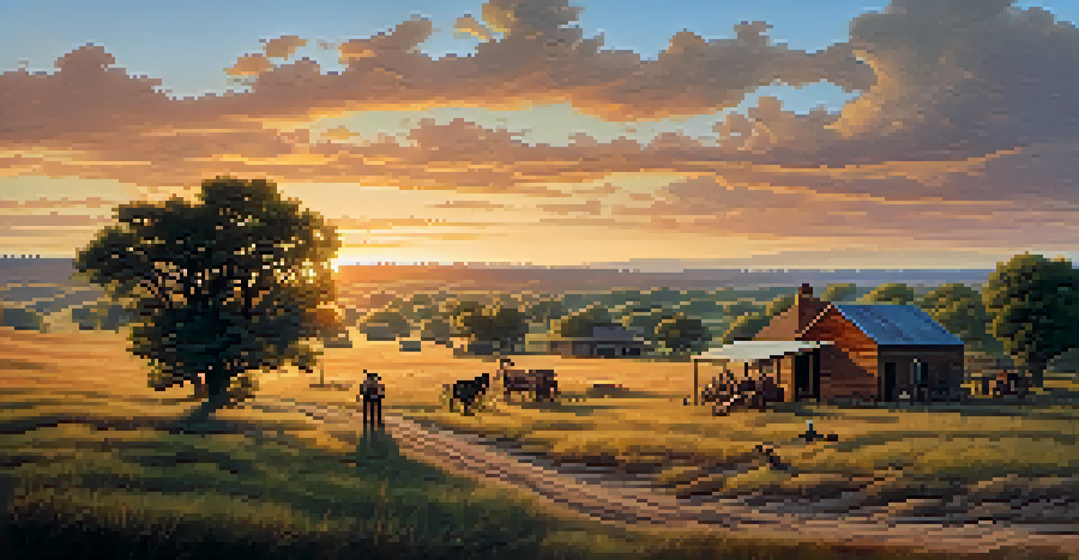 A peaceful Texas settlement after the revolution, depicting diverse settlers working together against a backdrop of rolling hills and a sunset sky.