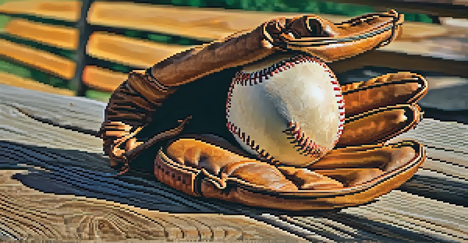 A close-up of a vintage baseball glove and ball on a wooden bench, illuminated by warm golden hour light.