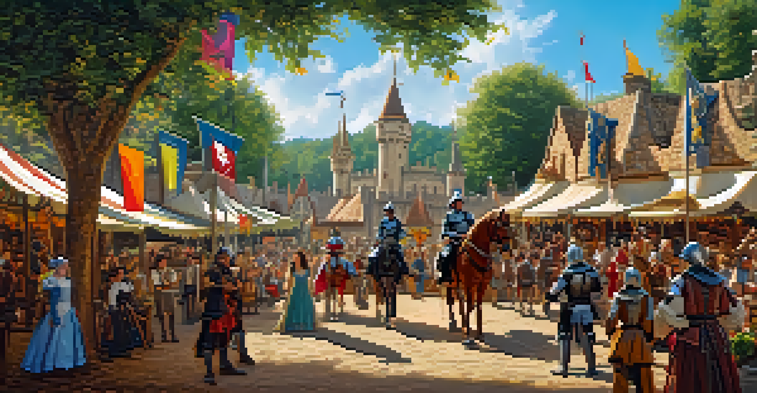 Families at the Texas Renaissance Festival watching a jousting tournament, with costumed performers and artisan booths in a lush setting.