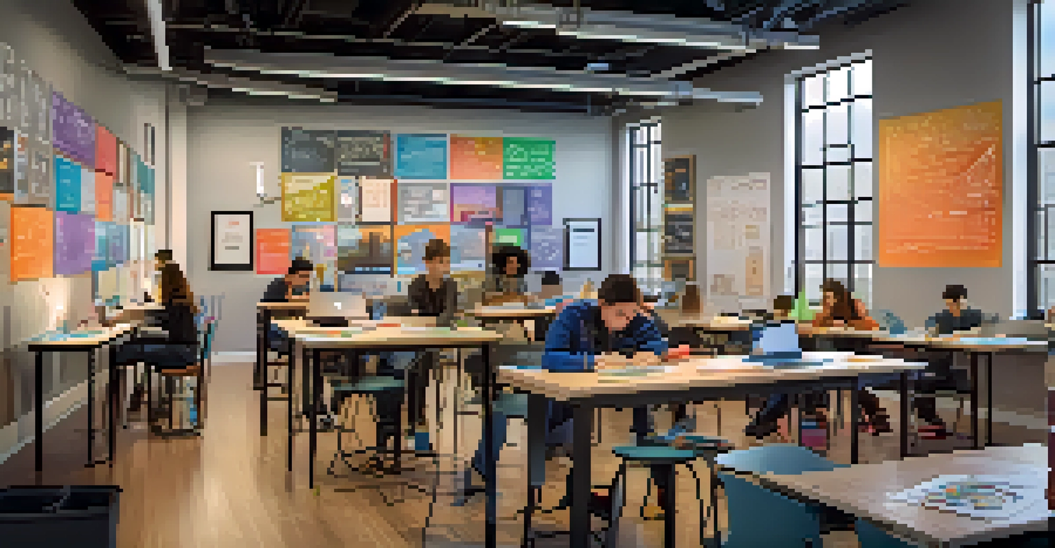 Students collaborating in a modern maker space with 3D printers and coding tools, surrounded by inspirational artwork.