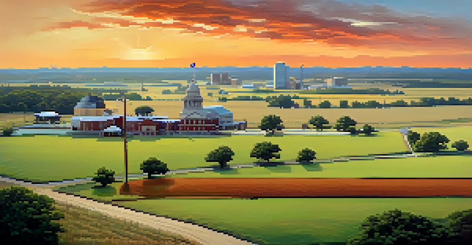 A split image showing Texas's political landscape, with a rural area on one side and an urban setting on the other.