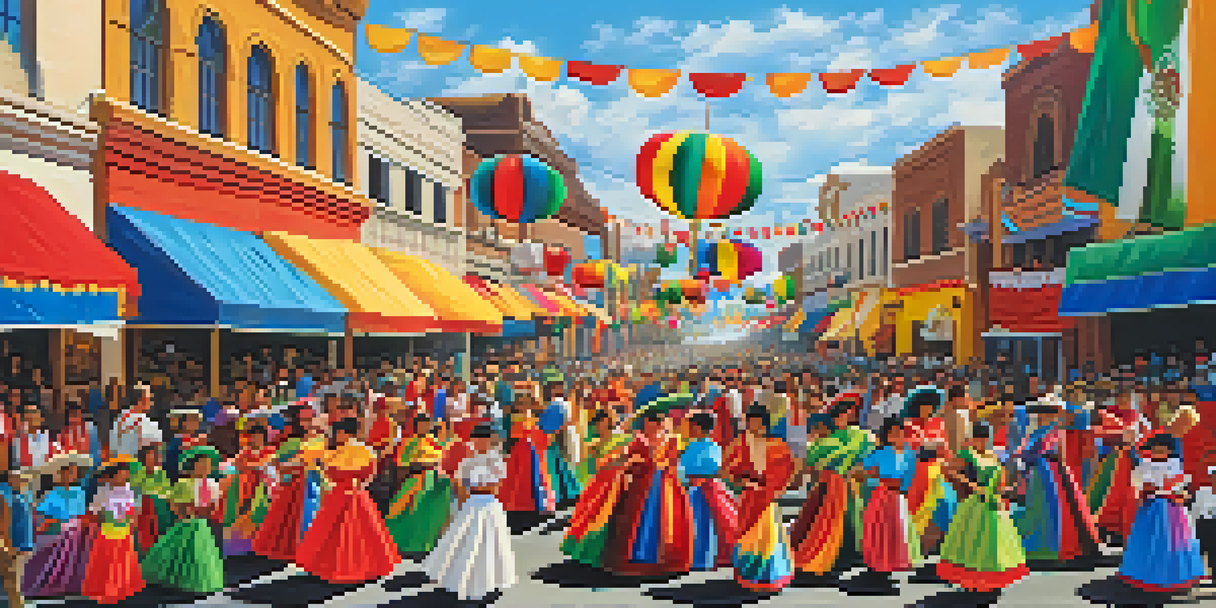 A lively Fiestas Patrias parade in Texas with colorful floats and people in traditional attire celebrating with food and music.