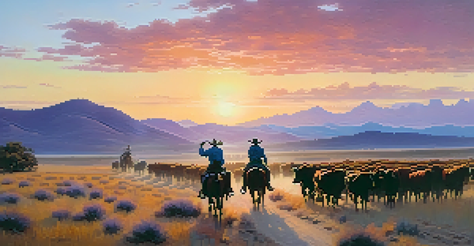A sunset scene depicting a cattle drive with cowboys guiding cattle along a dusty trail, showcasing vibrant colors in the sky.
