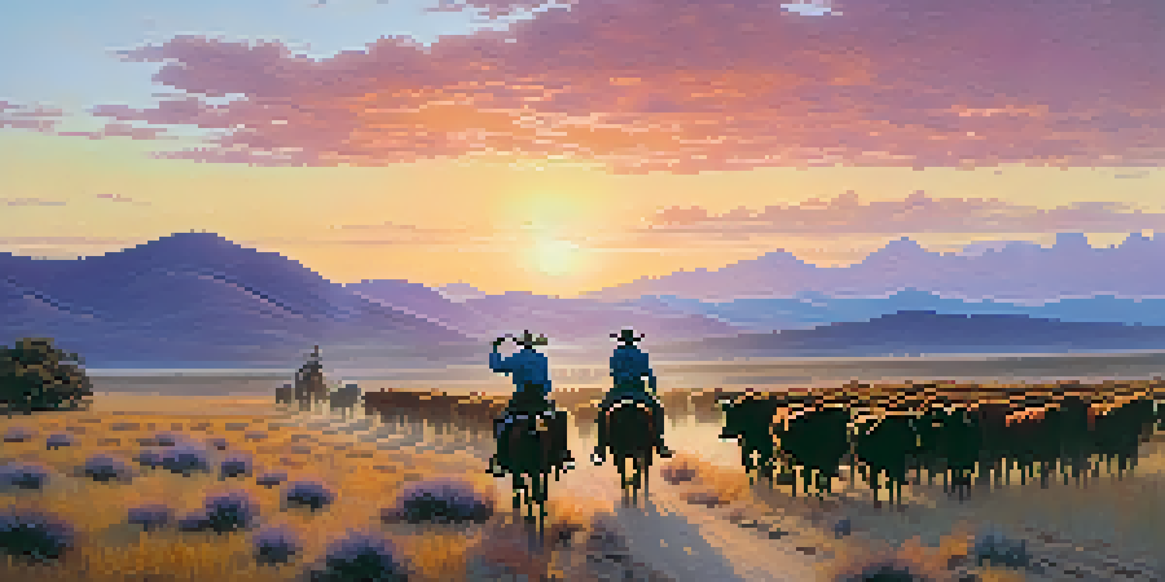 A sunset scene depicting a cattle drive with cowboys guiding cattle along a dusty trail, showcasing vibrant colors in the sky.