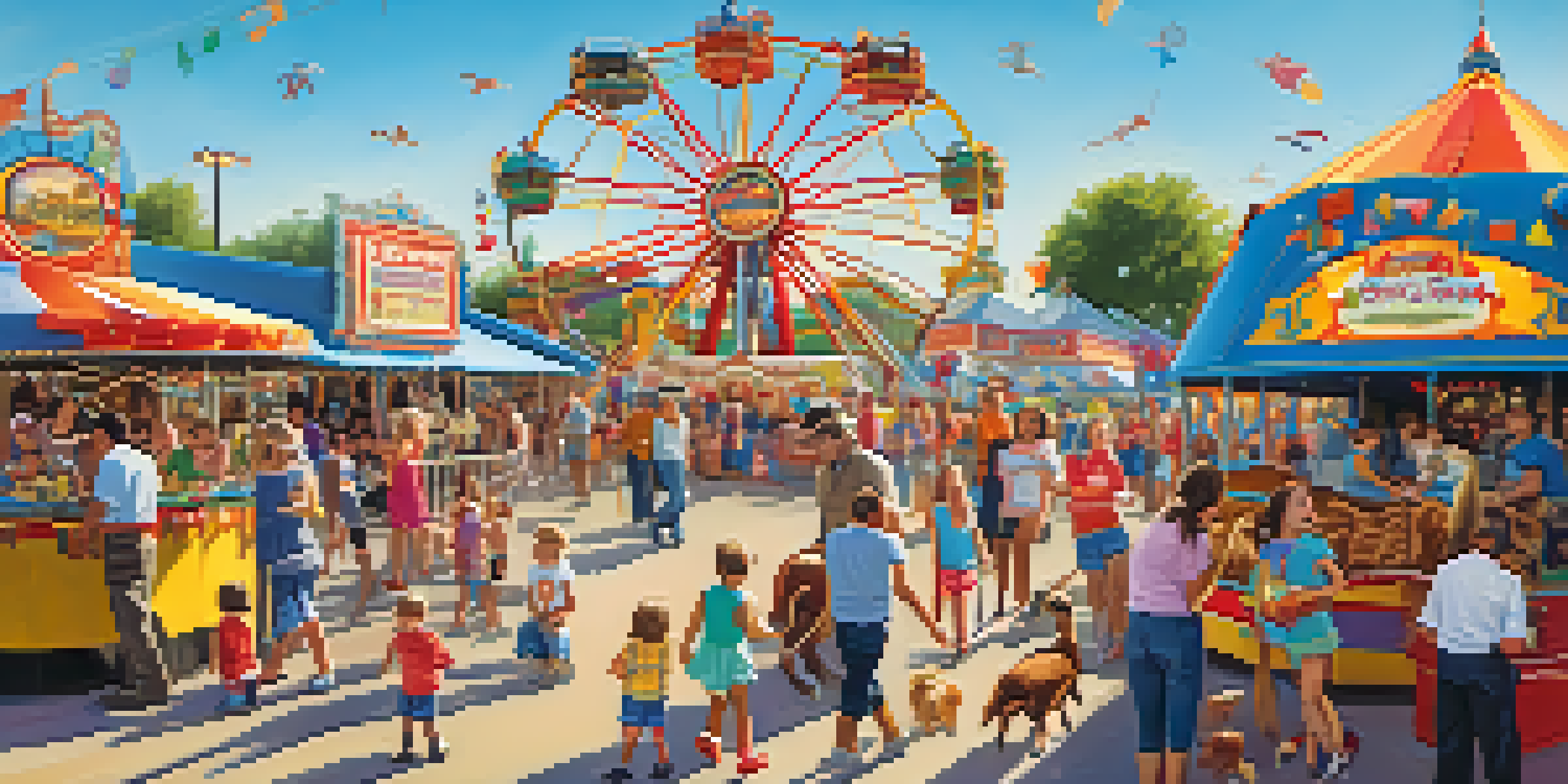 Families enjoying the Texas State Fair, with children playing in a petting zoo and colorful carnival rides in the background.