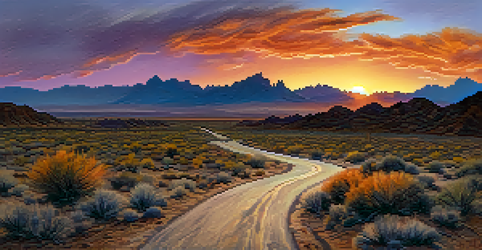 A stunning sunset over West Texas mountains, with colorful skies and desert vegetation in the foreground, creating a sense of adventure.
