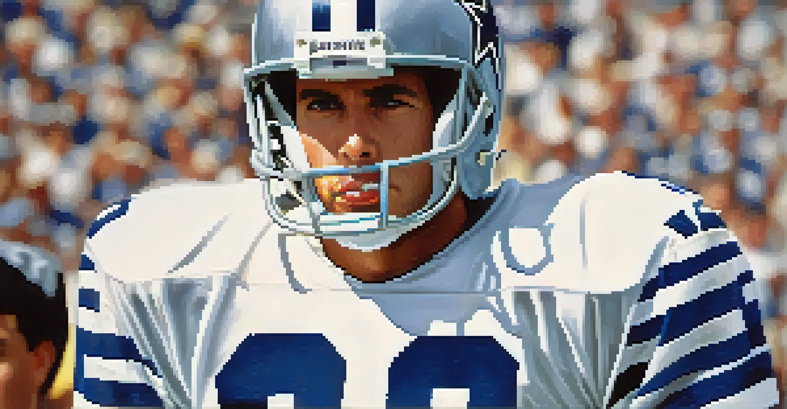 A close-up portrait of Roger Staubach in his Dallas Cowboys uniform, with a blurred stadium background and sunlight accentuating his features.