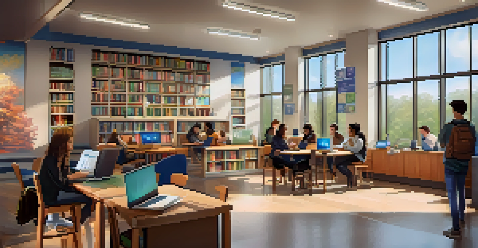 A cozy study area in a community college with students using laptops and warm lighting, surrounded by bookshelves.