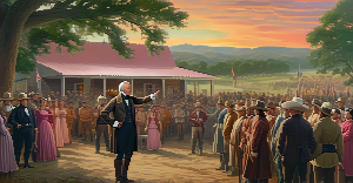 A historical reenactment of the 1836 Texas presidential election with Sam Houston addressing a diverse crowd against a sunset backdrop.