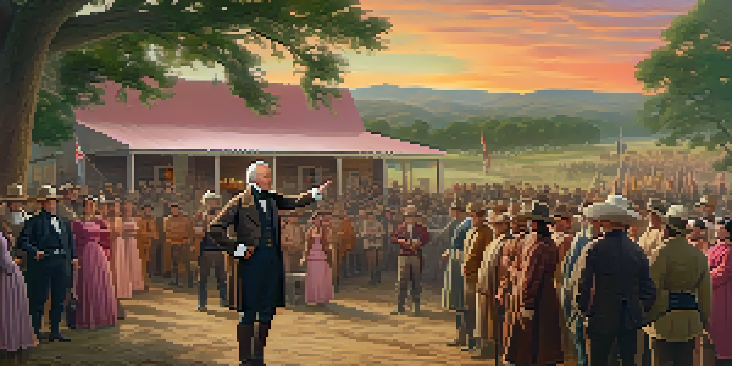 A historical reenactment of the 1836 Texas presidential election with Sam Houston addressing a diverse crowd against a sunset backdrop.
