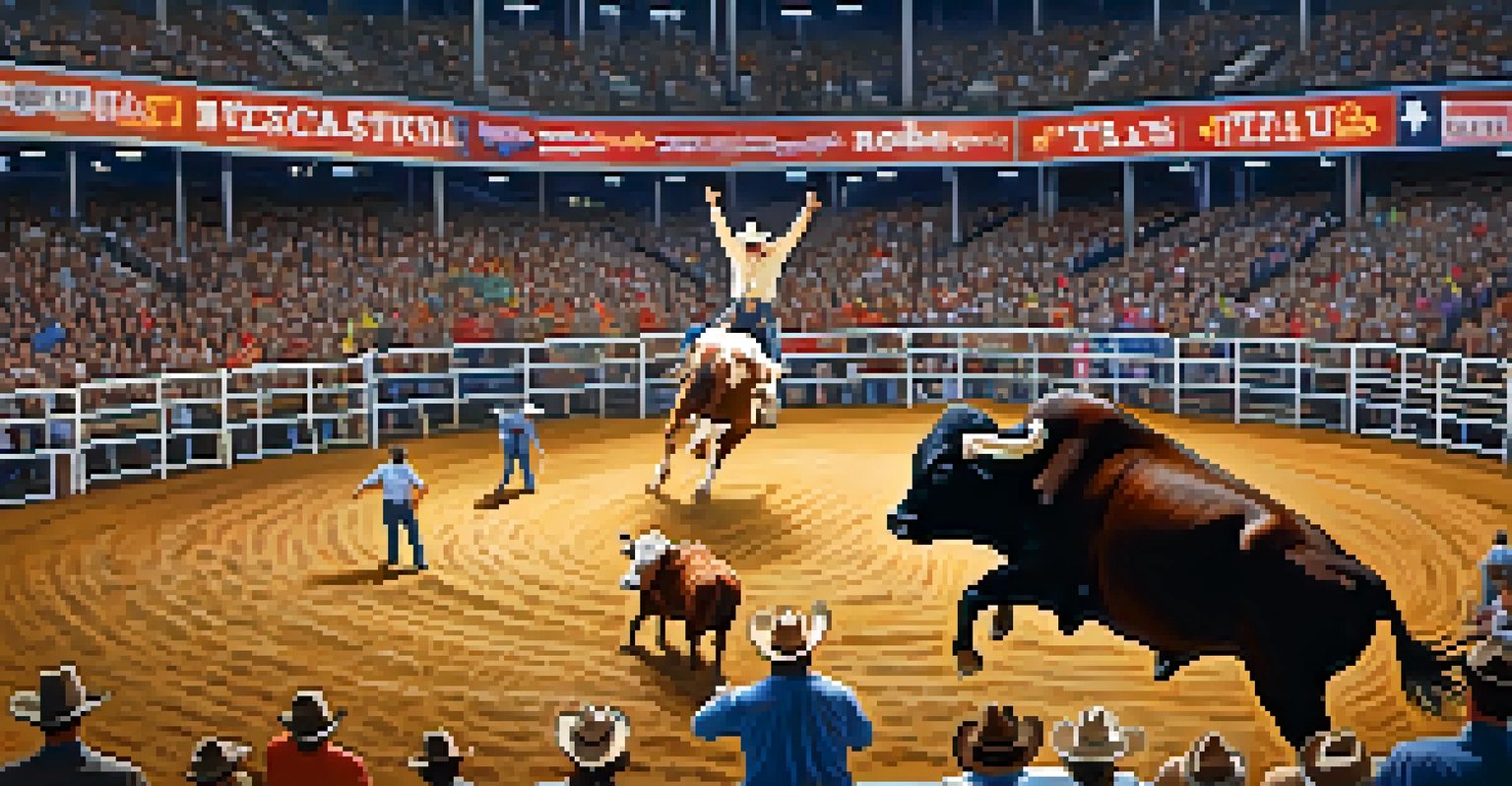 A cowboy riding a bull at the Houston Livestock Show and Rodeo, with an excited crowd and bright arena lights.