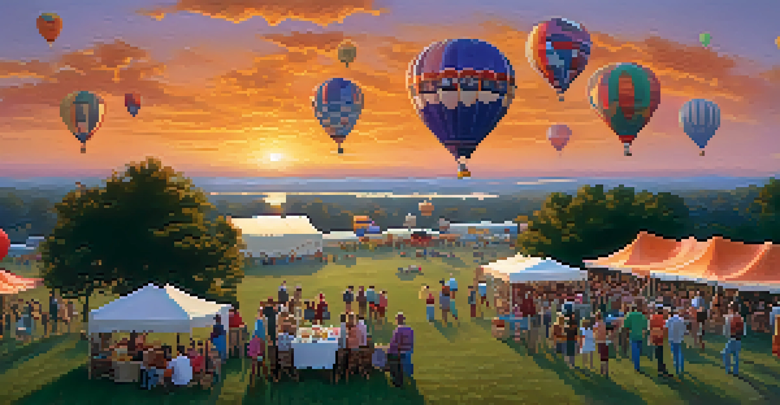 Families watching hot air balloons at the Great Texas Balloon Race during sunset, with a colorful sky.