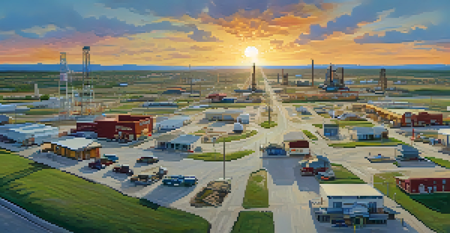 Aerial view of a Texas town influenced by the oil boom, with modern buildings and oil rigs, illuminated by a sunset.