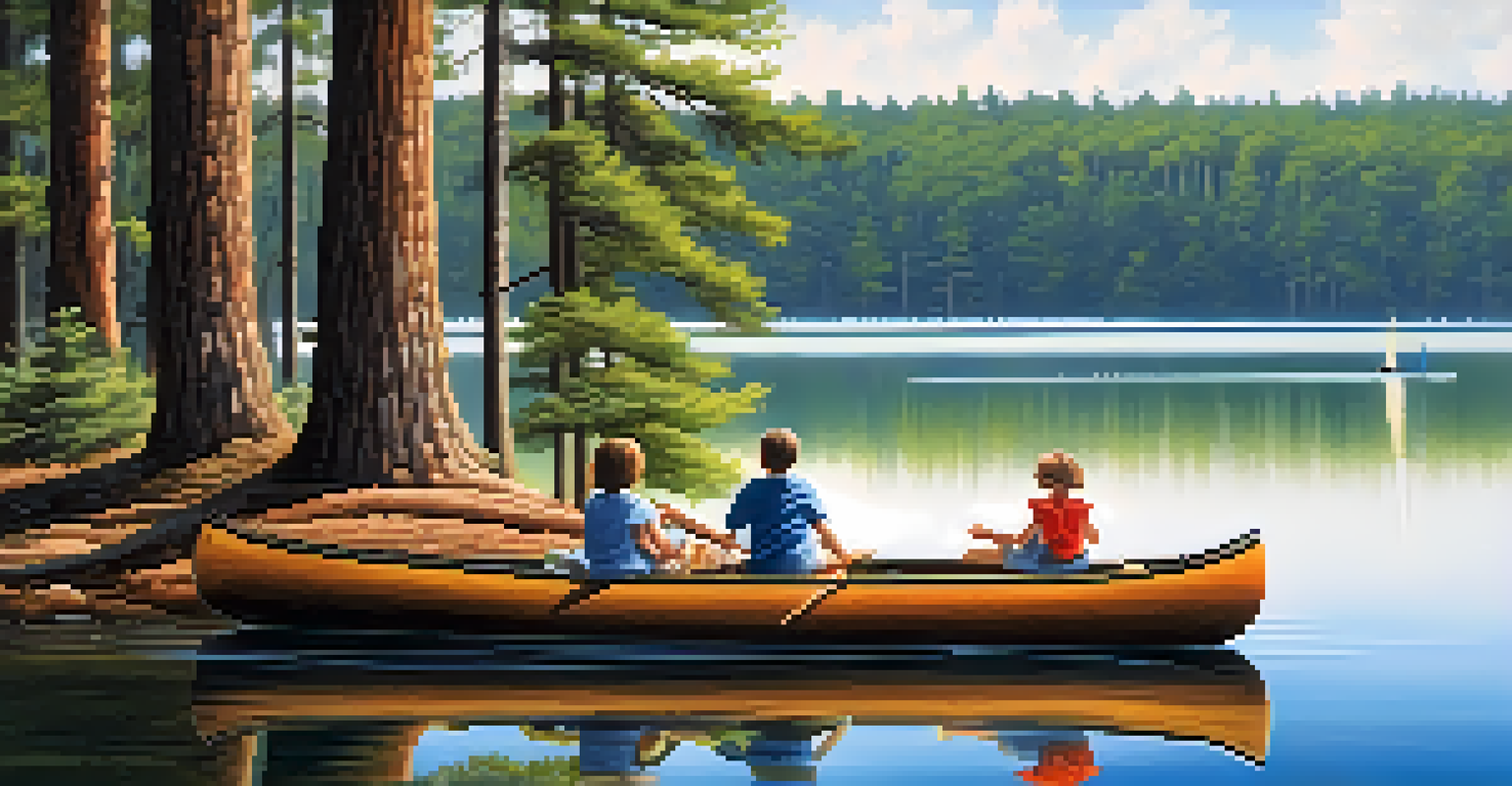 A peaceful Lake Livingston scene surrounded by tall pine trees, with a canoe on the water and a family picnicking on the shore.