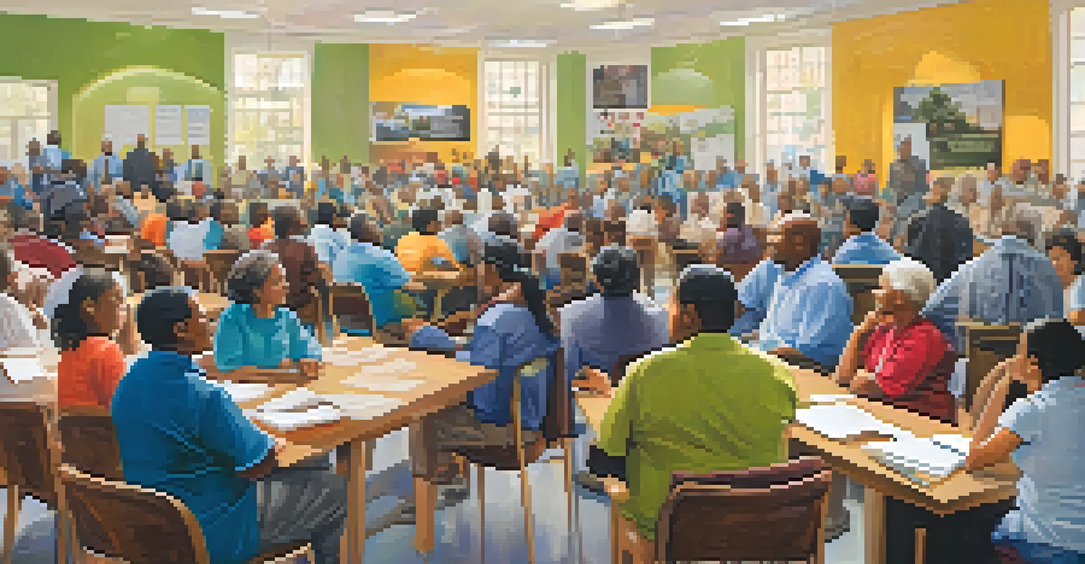 A diverse group of citizens at a community meeting discussing judicial reforms in a local center.
